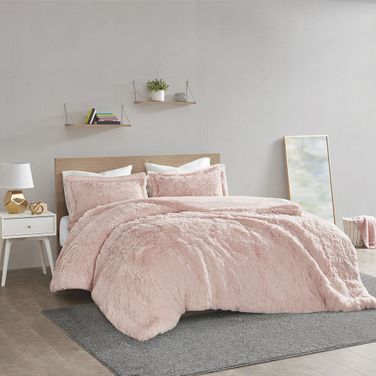 Polyester Solid Shaggy Fur 3 Piece King Duvet Cover Set In Blush