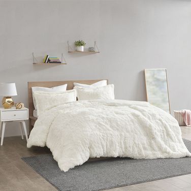 Polyester Solid Shaggy Fur 3 Piece King Duvet Cover Set In Ivory