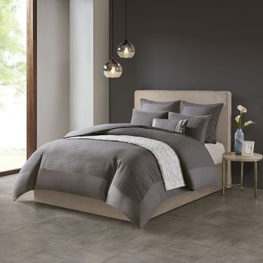 Polyester Yarn Dyed Pieced 3 Piece King Comforter Set In Grey