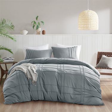 Porter Soft Washed Pleated Duvet Cover Set In Blue and Grey