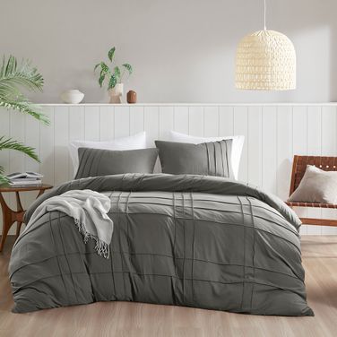 Porter Soft Washed Pleated Duvet Cover Set In Grey