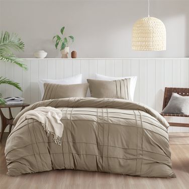 Porter Soft Washed Pleated Duvet Cover Set In Khaki