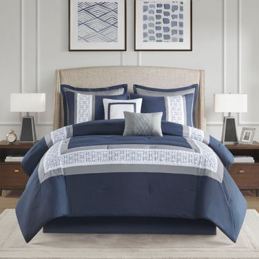 Powell 8 Piece Embroidered California King Comforter Set In Navy