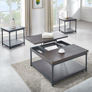 Prescott Smokey Oak, Black Metal Lift Top Square Occasional Table Set
