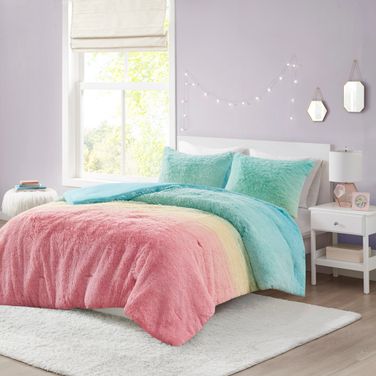 Primrose Ombre Shaggy Faux Fur 3 Piece Full/Queen Comforter Set In Aqua Multi