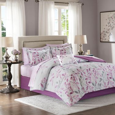 Printed 9 Piece King Comforter Set In Purple