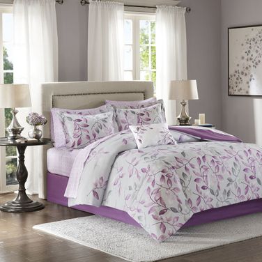 Printed 9 Piece California King Comforter Set In Purple