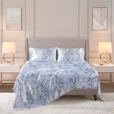 Printed Satin 4 Piece King Sheet Set In Blue Marble