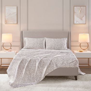 Printed Satin 4 Piece King Sheet Set In Taupe Leopard