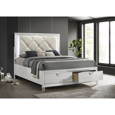 Prism Led Lit King Bed with Padded Tufting and 2 Drawer Storage In White