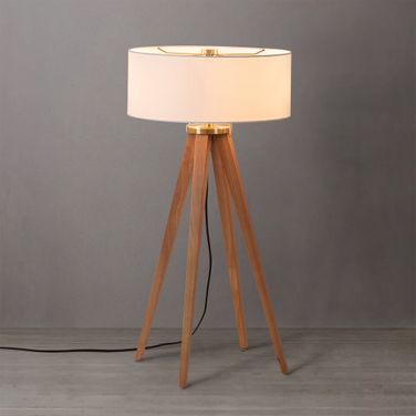 Quattro White Linen Shade Table Lamp In Natural Ash and Weathered Brass