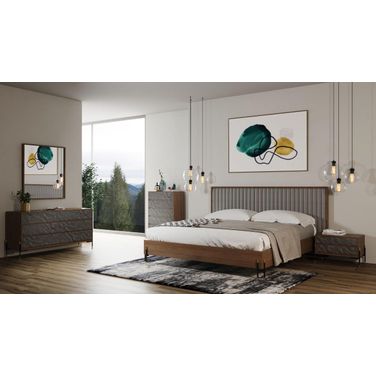 Queen Nova Domus Metcalf Mid-Century Walnut And Grey Bed With Two Nightstands