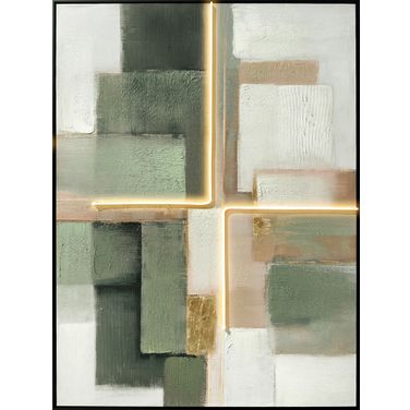 Radiant Luminous Grid II - 47" x 35" - Hand-Embellished LED Canvas In Ivory and Sage