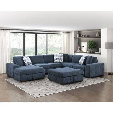 Raife 5-Piece Sectional with Left Chaise and Storage Ottoman In Blue