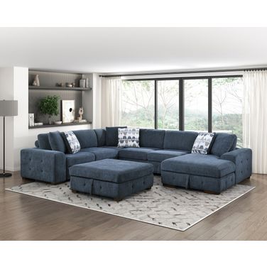 Raife 5-Piece Sectional with Right Chaise and Storage Ottoman In Blue