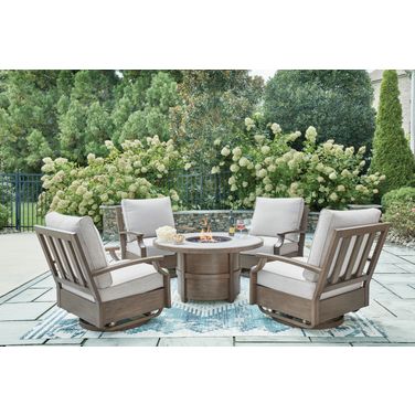 Rainier Ranch Outdoor Fire Pit Table Set In Beige and Brown