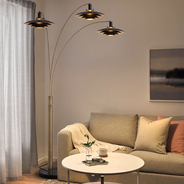 Rancho Mirage 84 Inch Gold-Leaf Shade 3 Light Arc Floor Lamp In Weathered Brass and Matte Black