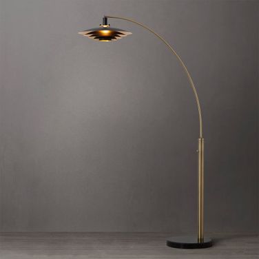 Rancho Mirage 86 Inch Gold Leaf Shade 1 Light Arc Floor Lamp In Weathered Brass and Matte Black