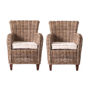 Rattan Wingback Wicker Chairs Set of 2 with Seat Cushions In Natural Brown