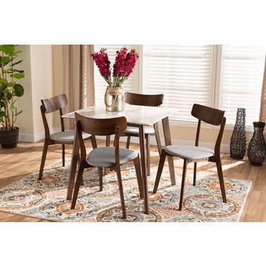 Reba Mid-Century Modern Light Grey Fabric Upholstered and Walnut Brown Finished Wood 5-Piece Dining Set with Faux Marble Dining Table
