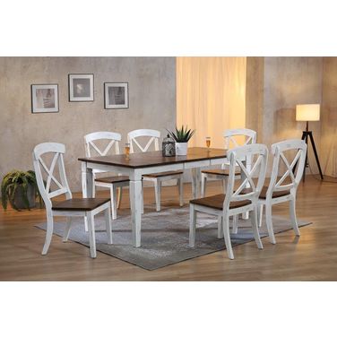 Rectangle Loft Transitional X-Back 7-Piece Dining Set In Distressed Cocoa Brown and Cotton White