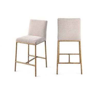 Reeves Chenille Fabric Upholstered Counter Stool Set of 2 In Beige and Brushed Gold