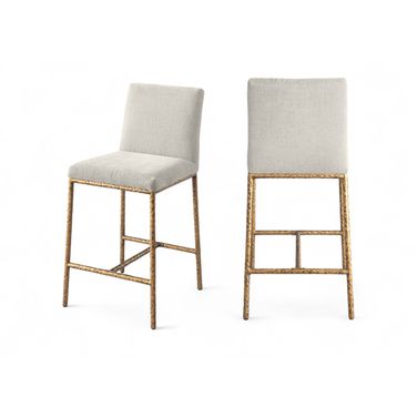 Reeves Chenille Fabric Upholstered Counter Stool Set of 2 In Brushed Gold and Cream
