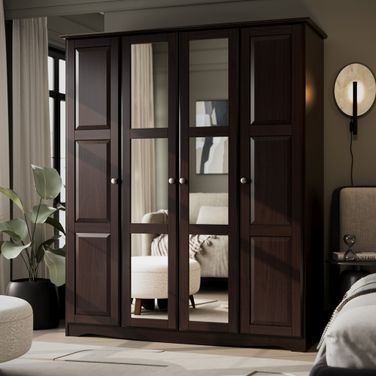 Regal 4-Door Wardrobe with Mirrored Doors and Metal Knobs In Java