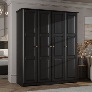Regal 4-Door Wardrobe with Raised Panel Doors and Metal Knobs In Black
