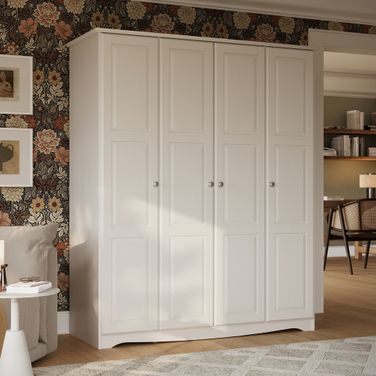 Regal 4-Door Wardrobe with Raised Panel Doors and Metal Knobs In White