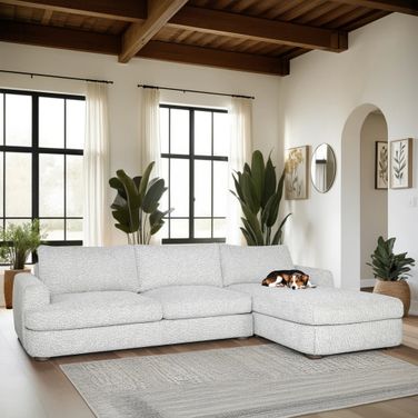 Reid 123 Inch Right Arm Facing Rectangular Sectional Sofa with Fabric and Round Arms In Speckled Stone