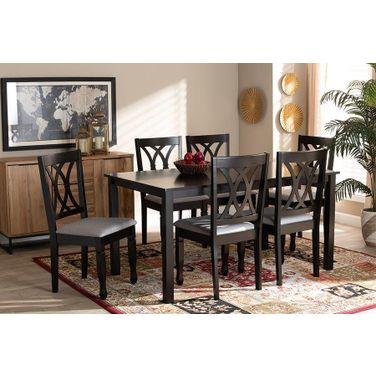 Reneau Modern And Contemporary Grey Fabric Upholstered Espresso Brown Finished Wood 7-Piece Dining Set