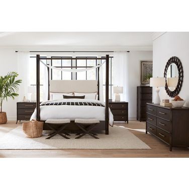 Retreat Pole Rattan Upholstered Poster Bedroom Set with Canopy In Beige