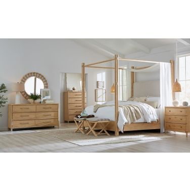 Retreat Pole Rattan Upholstered Poster Bedroom Set with Canopy In Beige