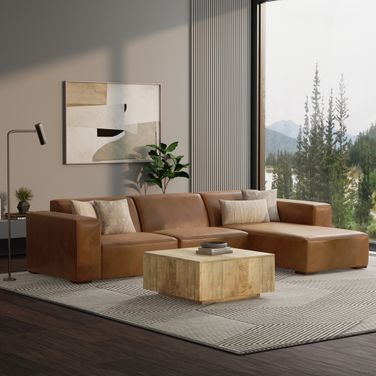 Rex Genuine Leather Right-Facing Modular Sectional Sofa In Caramel Brown