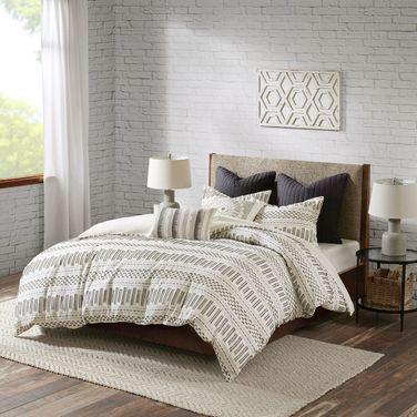 Rhea Cotton Clipped Jacquard 3 Piece King Duvet Cover Mini Set In Ivory/Charcoal