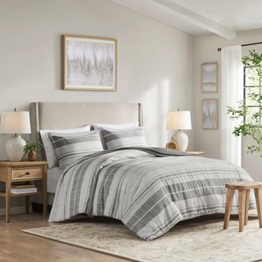 Rhodes 3 Piece Stripe Duvet Full/Queen Cover Set In Grey and Multi