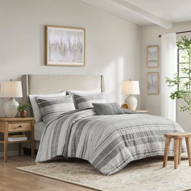 Rhodes 4 Piece Stripe Full/Queen Comforter Set with Throw Pillow In Grey and Multi