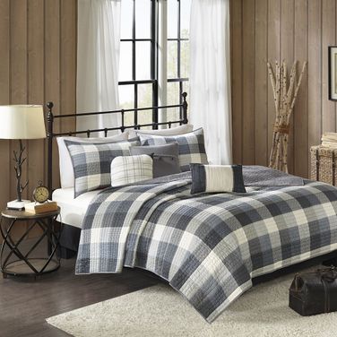Ridge Polyester Printed Reversible Herringbone 6 Piece King Coverlet Set In Grey