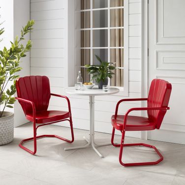 Ridgeland 3 Piece Retro Outdoor Bistro Set In Bright Red Gloss and White Satin