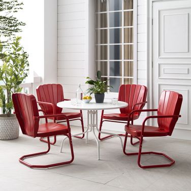 Ridgeland 5 Piece Round Retro Outdoor Dining Set In Bright Red Gloss and White Satin