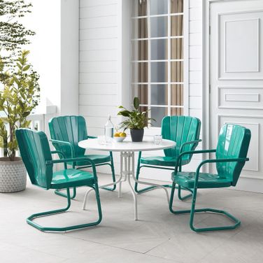 Ridgeland 5 Piece Round Retro Outdoor Dining Set In Turquoise Gloss and White Satin