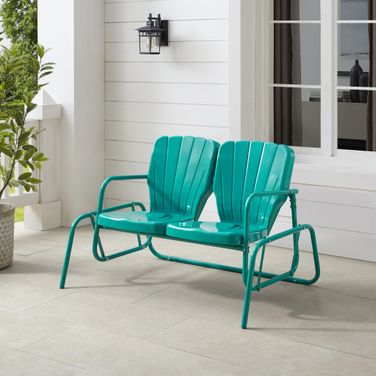 Ridgeland Retro Outdoor Loveseat Glider In Turquoise Gloss