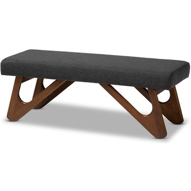 Rika Mid-Century Modern Dark Grey Fabric Upholstered Walnut Brown Finished Boomerang Bench