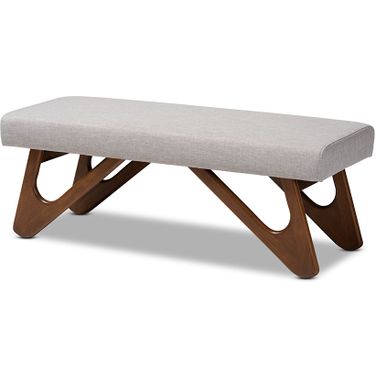 Rika Mid-Century Modern Greyish Beige Fabric Upholstered Walnut Brown Finished Boomerang Bench