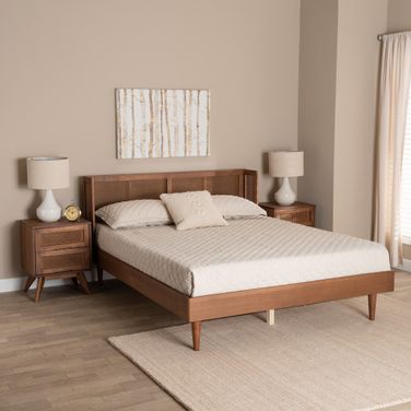 Rina Wood 3 Piece King Bedroom Set with Synthetic Rattan In Ash Walnut