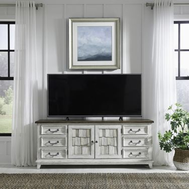 River Place 75 Inch Entertainment Console In Riverstone White and Tobacco