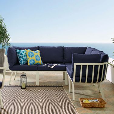 Riverside 5 Piece Outdoor Patio Aluminum Sectional In White Navy