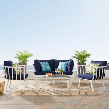 Riverside White Navy 5 Piece Outdoor Patio Aluminum Set EEI-3786-WHI-NAV