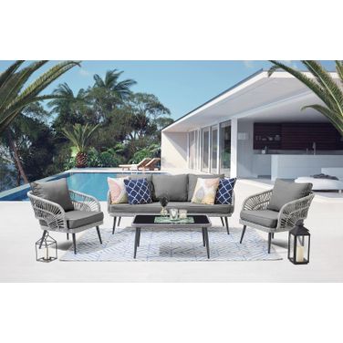 Riviera Rope Wicker 4-Piece 5 Seater Patio Conversation Set With Cushions In Grey